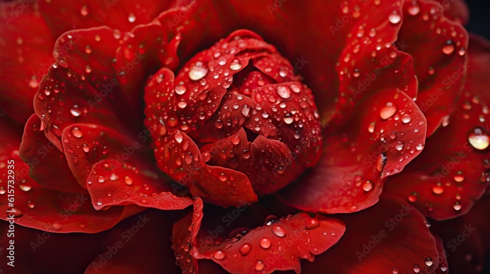 Red Peony flowers with water drops background. Closeup of blossom with glistening droplets. Generati