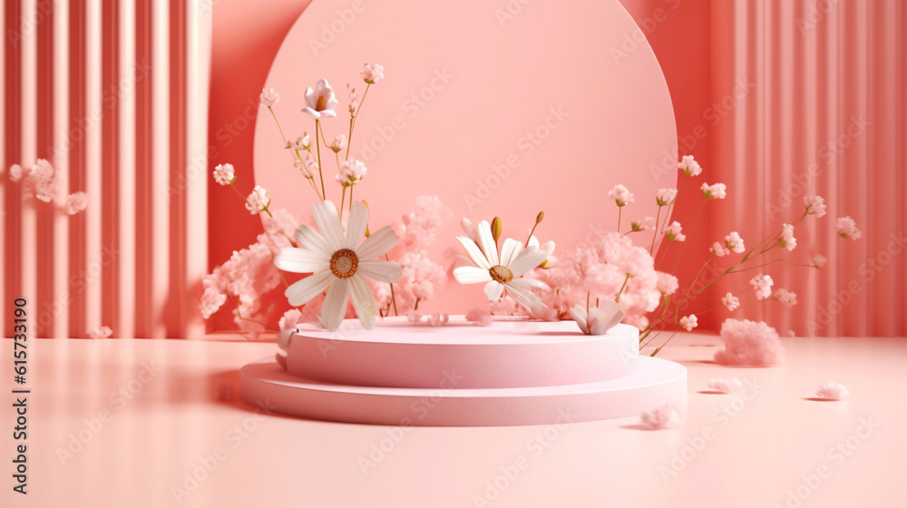 Podium with pink roses on pastel pink background to display products, gift or cosmetics. Generative 