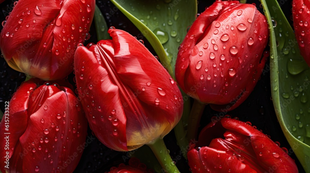 Red Tulips flowers with water drops background. Closeup of blossom with glistening droplets. Generat