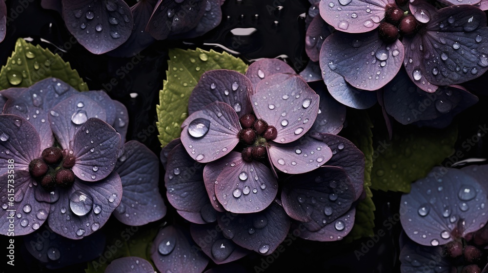 Black Hydrangeas flowers with water drops background. Closeup of blossom with glistening droplets. G