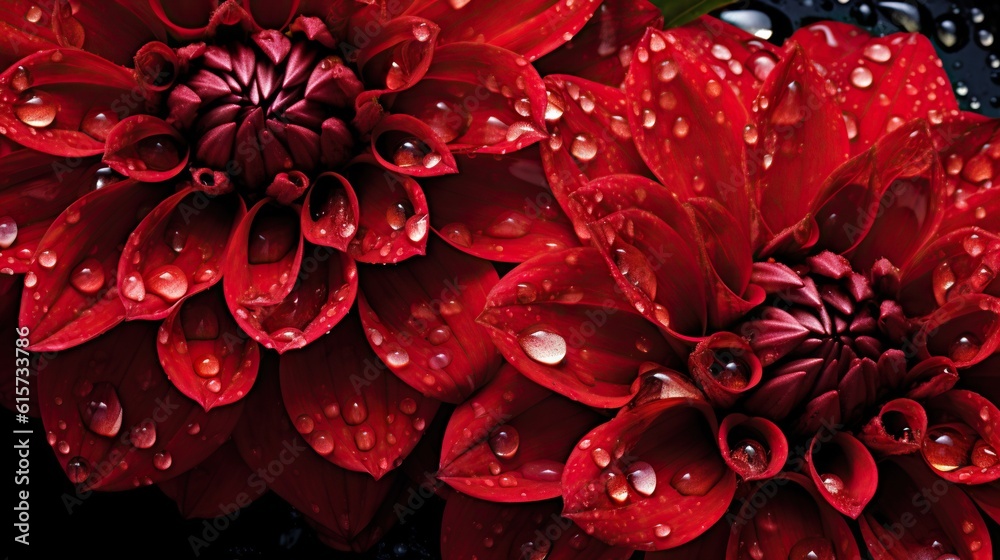 Red Dahlia flowers with water drops background. Closeup of delicate blossom with glistening droplets