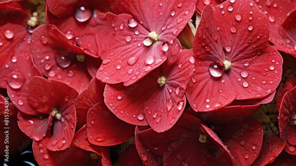 Red Hydrangeas flowers with water drops background. Closeup of blossom with glistening droplets. Gen