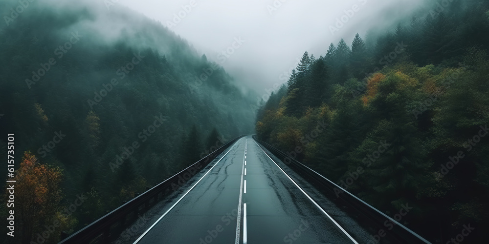 Minimalistic empty highway in the forest. Road surrounded with trees. Travel concept. Generative AI