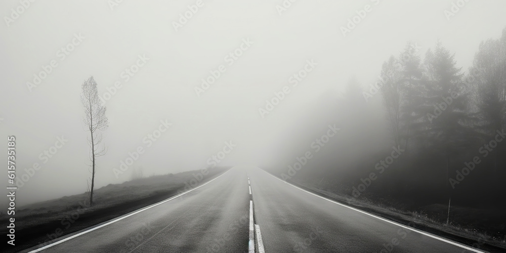 Misty empty road with trees on the side. Foggy highway. Mystery travel concept. Generative AI