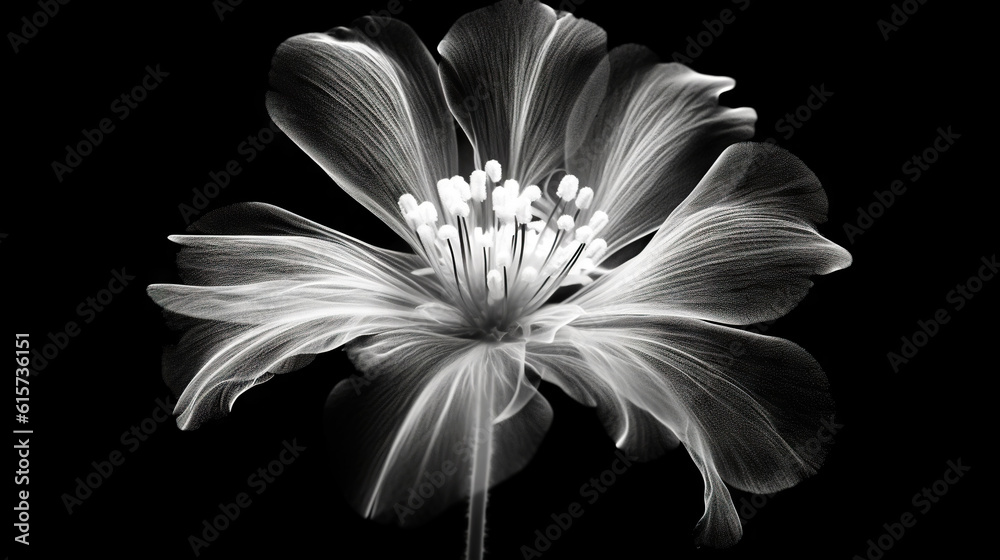 Monochrome x-ray image of a ethereal flower on black. Fantasy mystical blossom. Generative AI