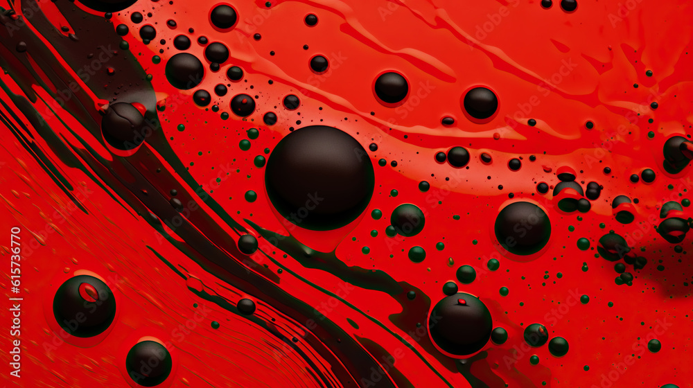 Abstract black paint drops mixed in red oil background. Non-mixing fluids pattern. Generative AI