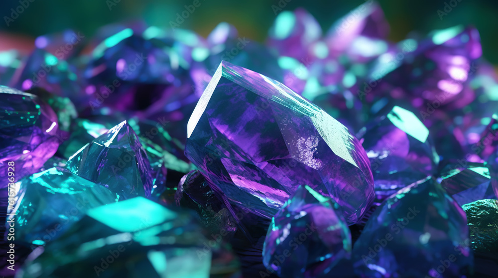 Amazing bright and shiny Alexandrite crystal cluster background. Jewel mineral detailed macro. Gener