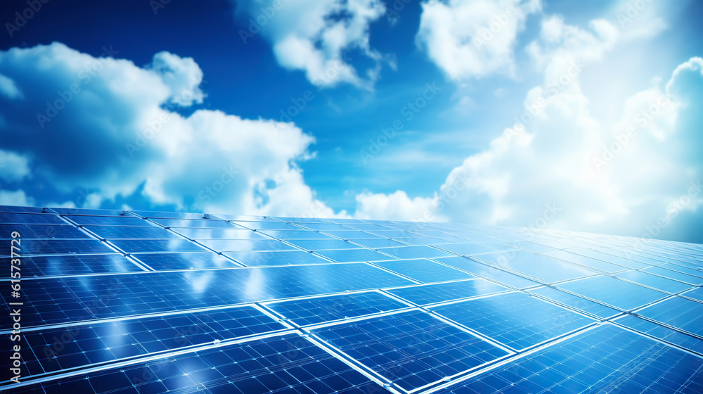 Closeup of Solar panels against blue sky with clouds. Solar energy generation. Renewable energetics.