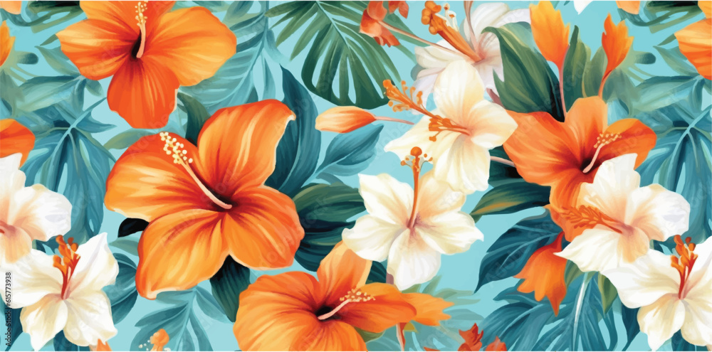 Abstract illustration seamless colorful tropical flowers pattern	