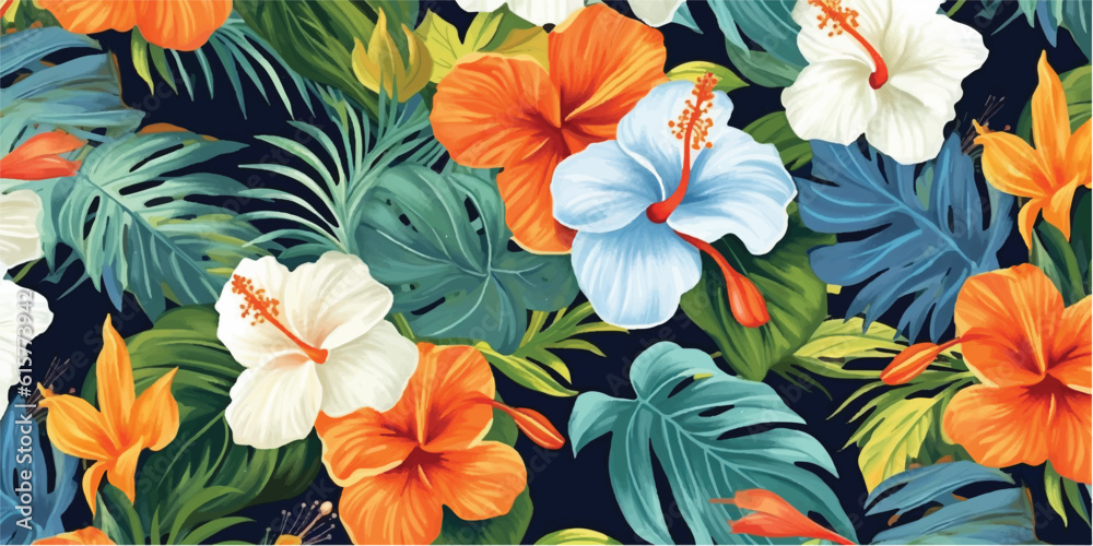 Abstract illustration seamless colorful tropical flowers pattern	