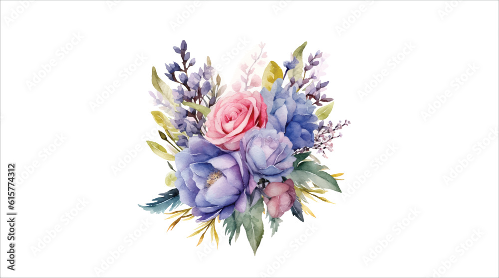 Watercolor floral bouquet illustration on white background 