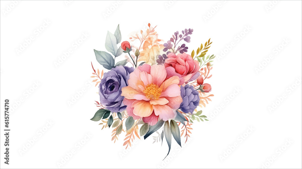 Watercolor floral bouquet illustration on white background 