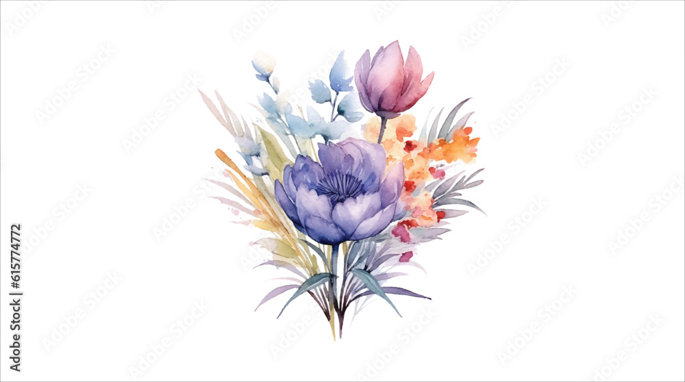 Watercolor floral bouquet illustration on white background 