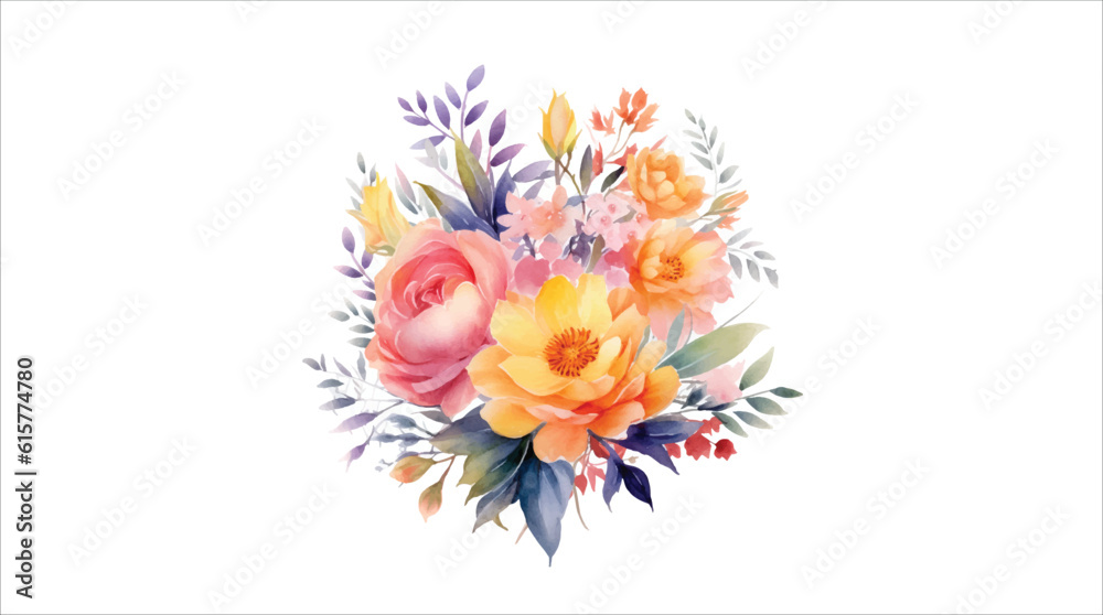 Watercolor floral bouquet illustration on white background 