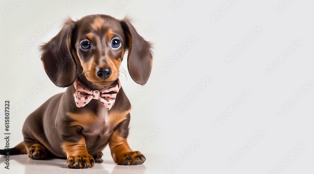 Cute dachshund puppy isolated on gray background. Portrait of a dachshund