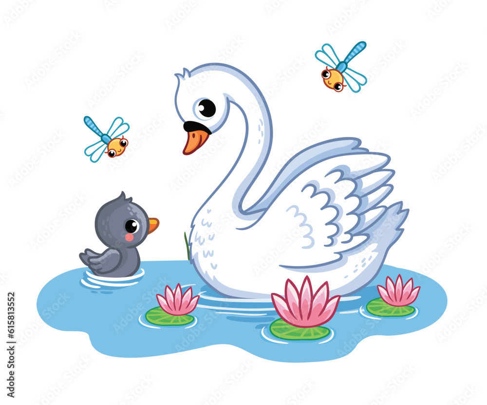 Swan with a chick swims in a pond. Vector illustration with birds.