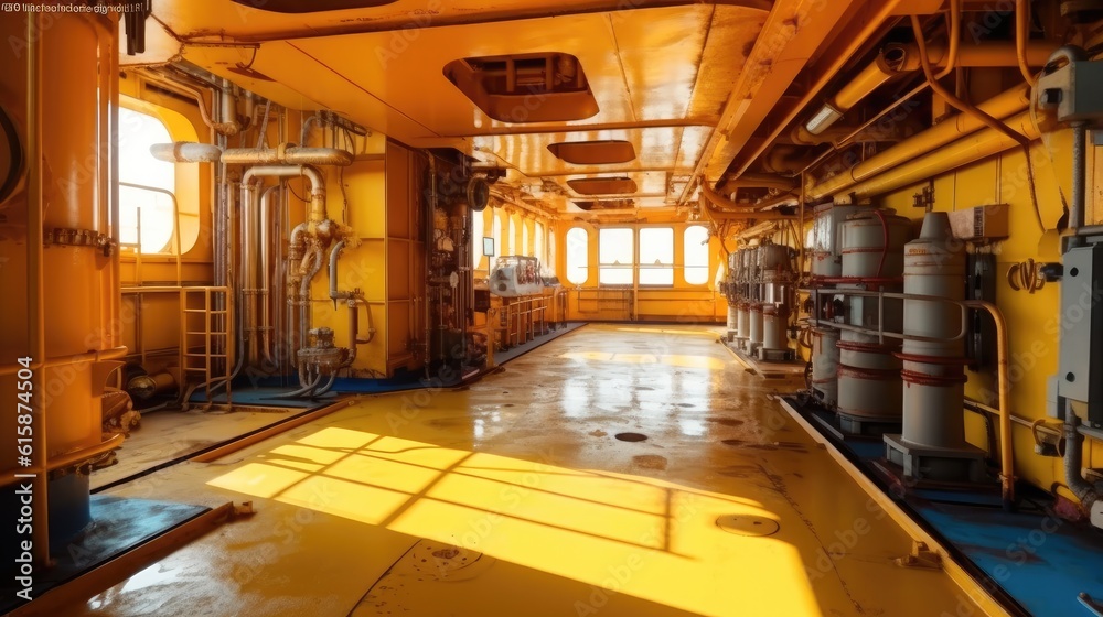 Interior oil platform, Prominent features include a large oil pipeline and gas infrastructure.