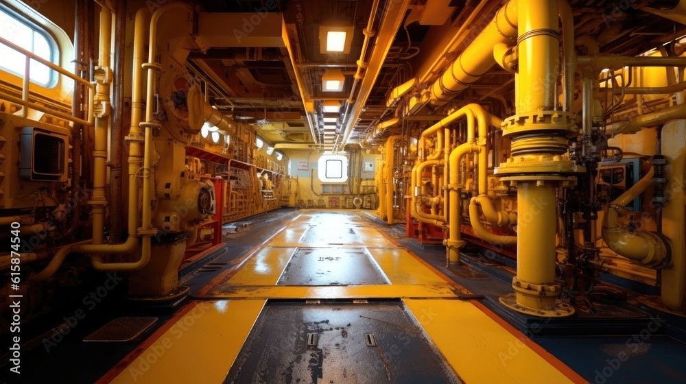 Interior oil platform, Prominent features include a large oil pipeline and gas infrastructure.