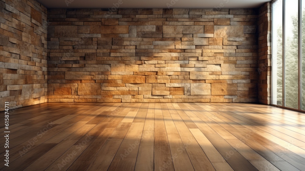 Stone Wall And Parquet Floor, Empty Room Building.