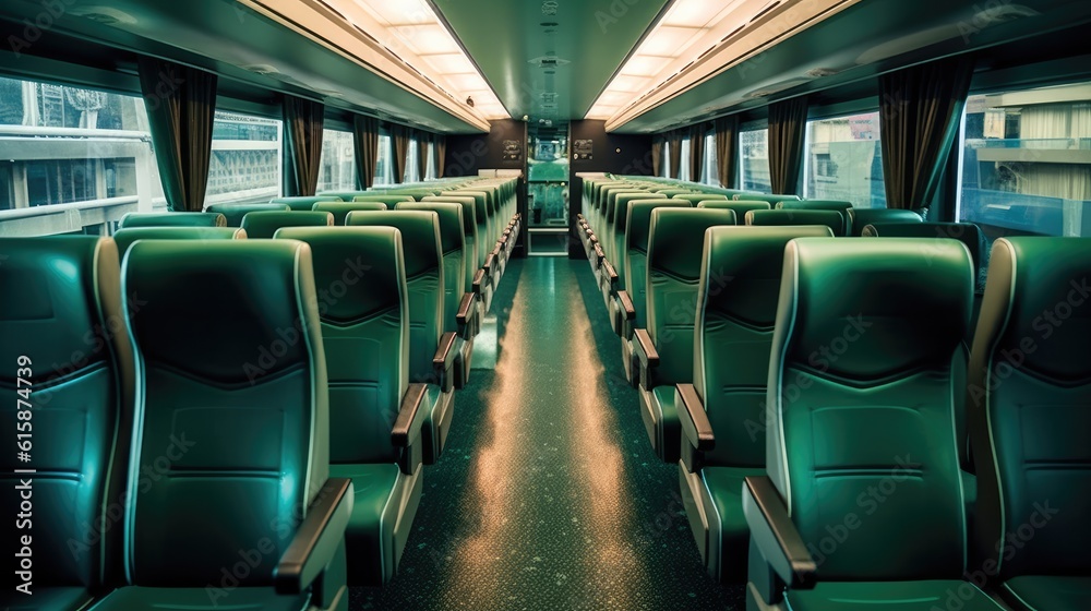 Luxury bus interior with rows of comfortable seats.