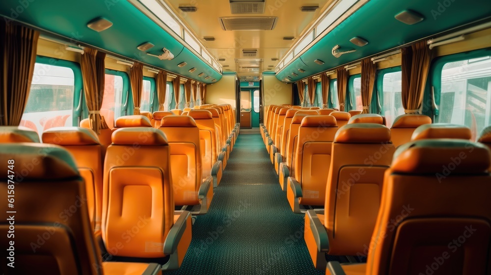 Luxury bus interior with rows of comfortable seats.