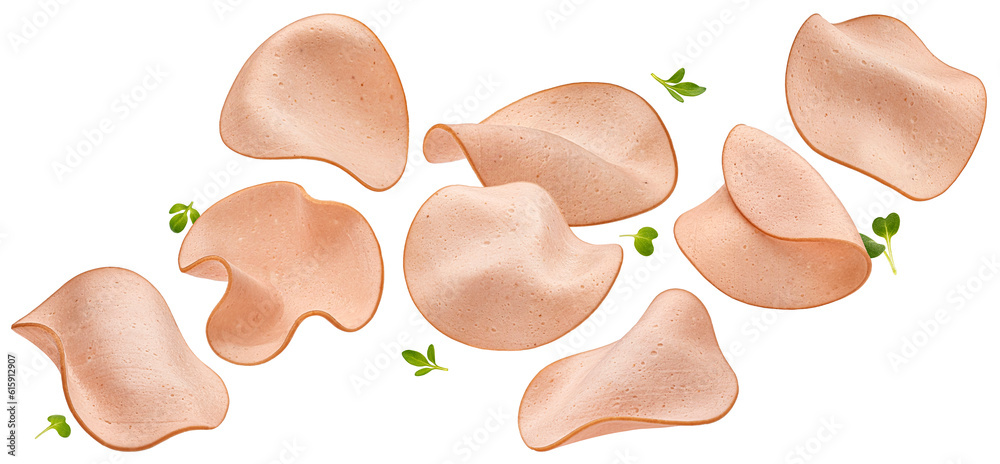 Falling sausage thin slices isolated on white background