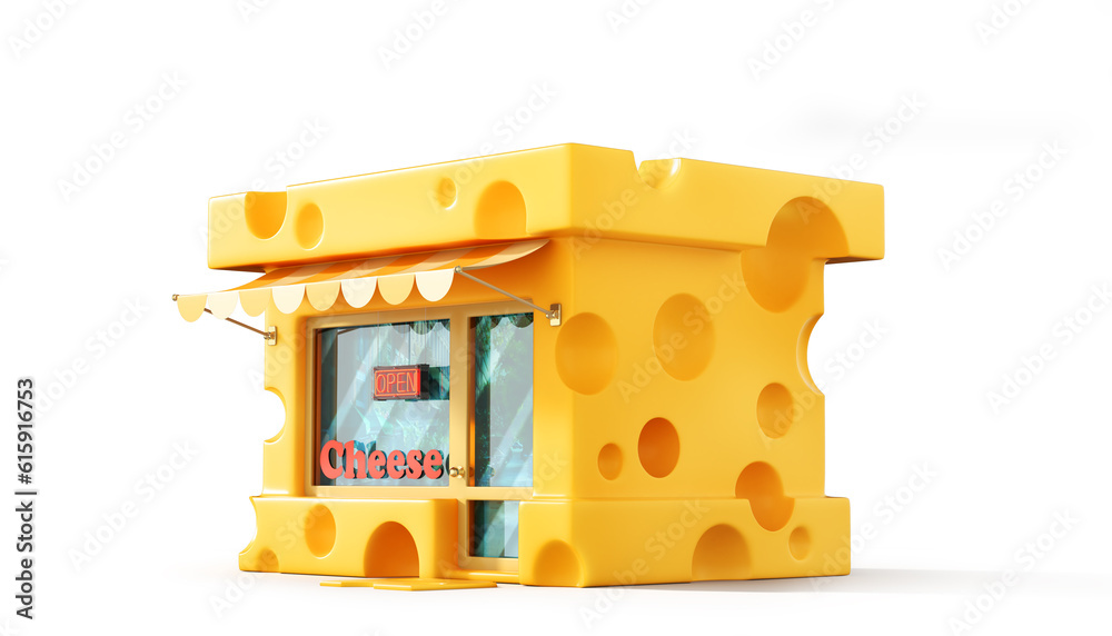 Cheese store. Shop in form of piece of cheese. 3d illustration