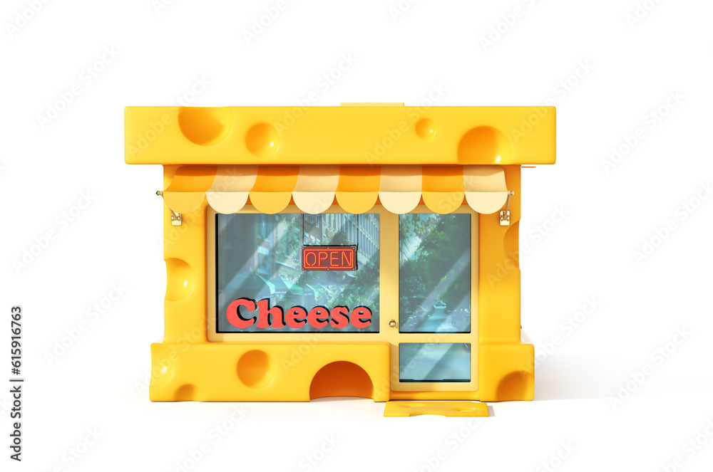 Cheese store. Shop in form of piece of cheese. 3d illustration