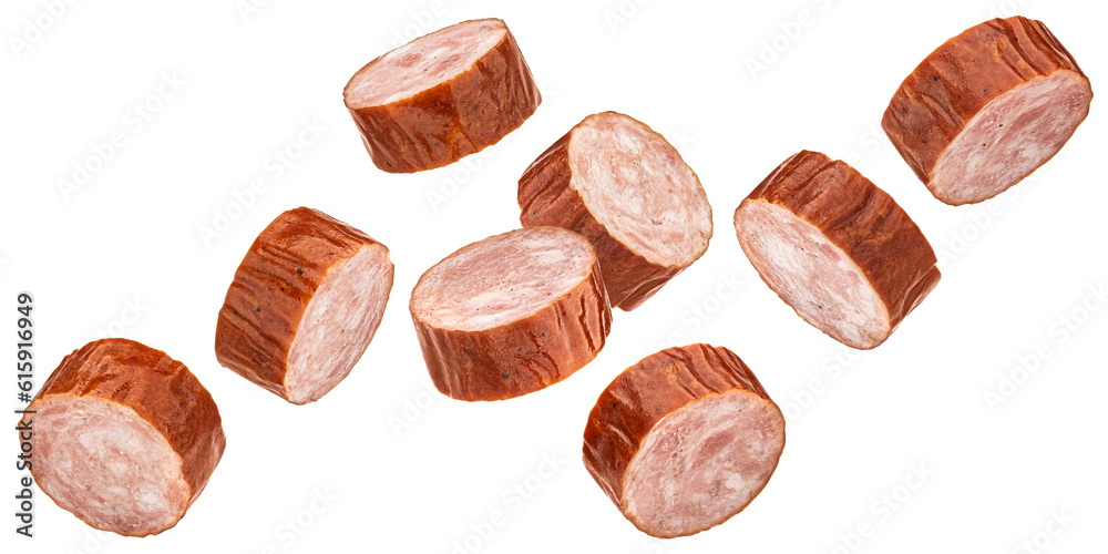 Smoked bratwurst sausage slices isolated on white background