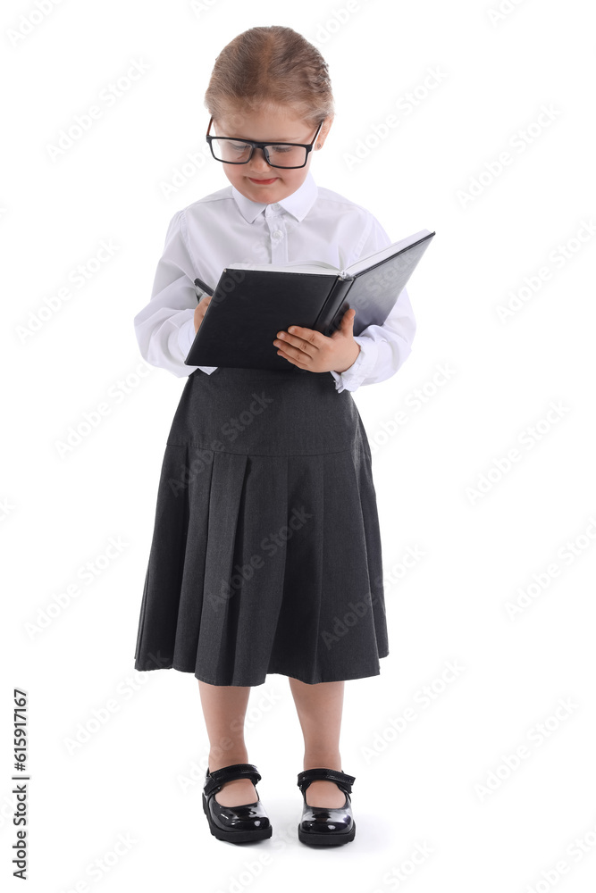 Funny little businesswoman writing in notebook on white background