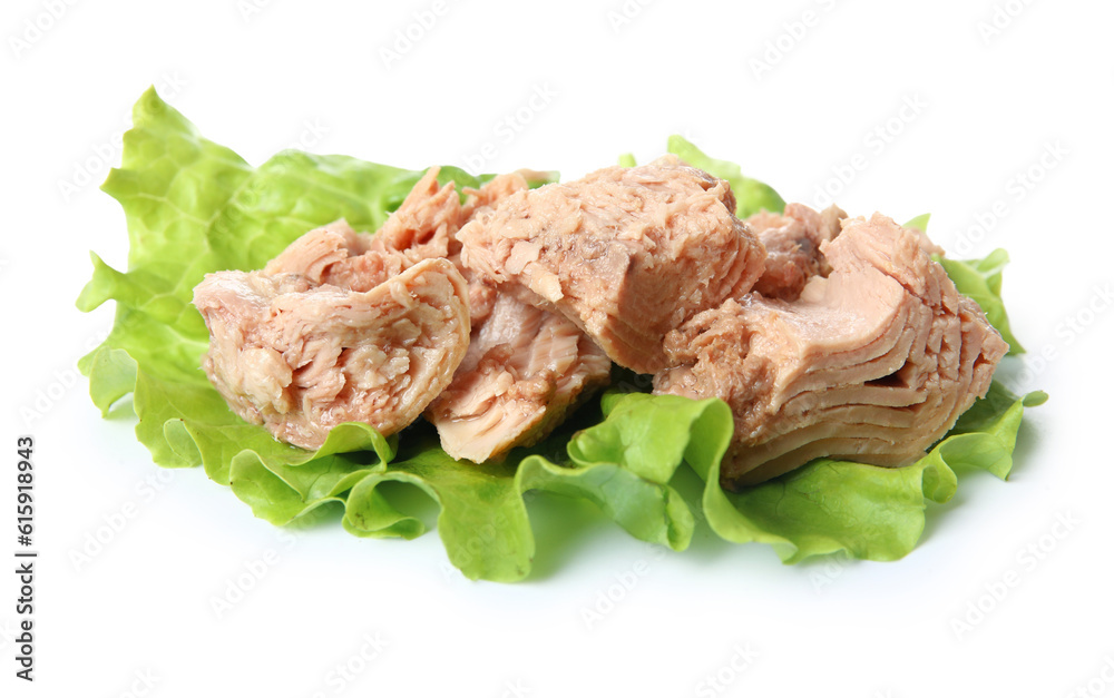 Delicious canned tuna with fresh lettuce isolated on white background