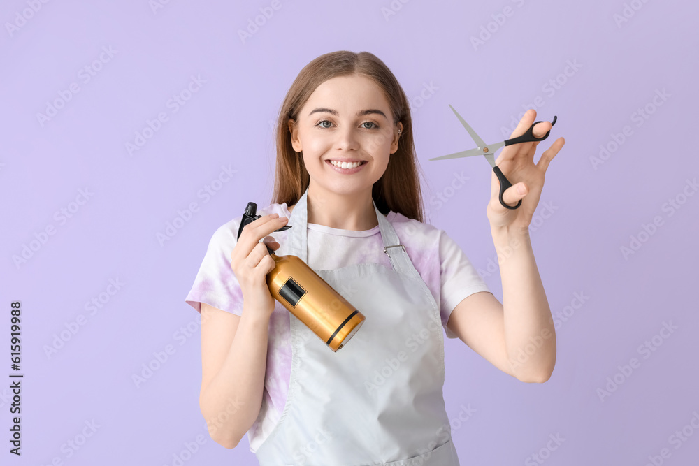 Female hairdresser with scissors and spray on lilac background