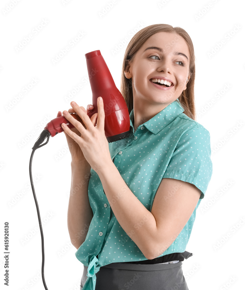 Female hairdresser with dryer on white background