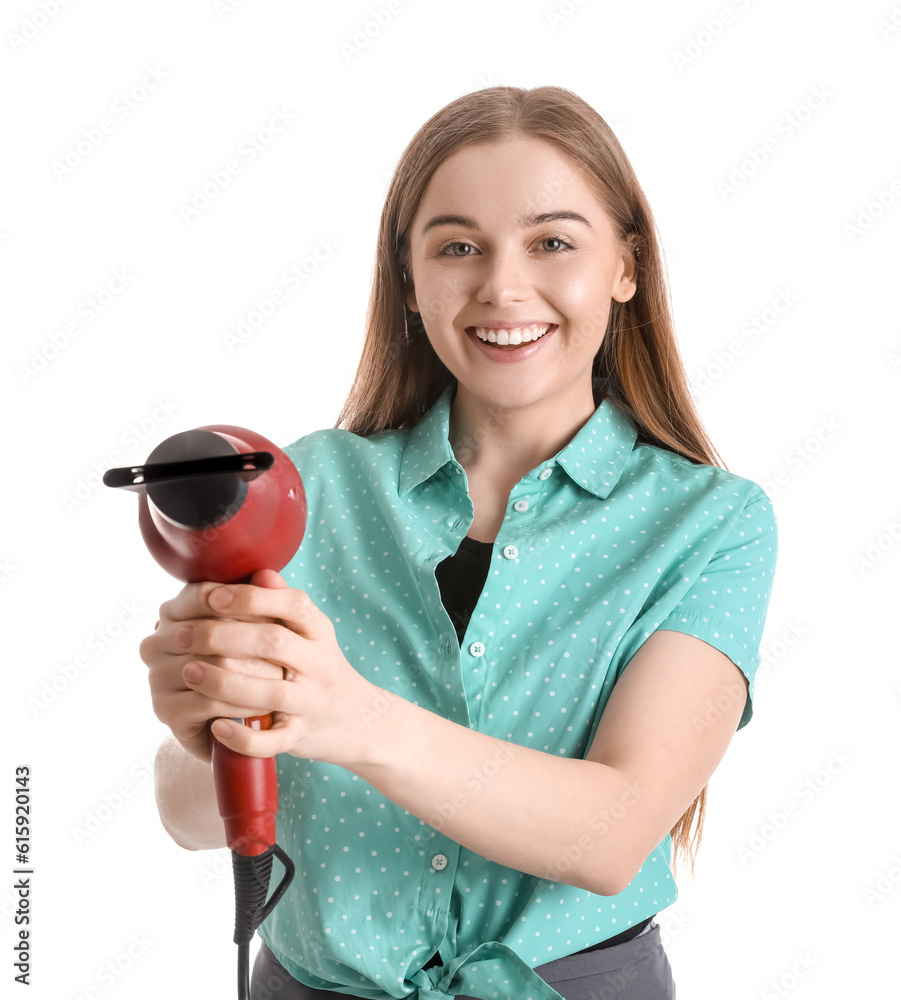 Female hairdresser with dryer on white background