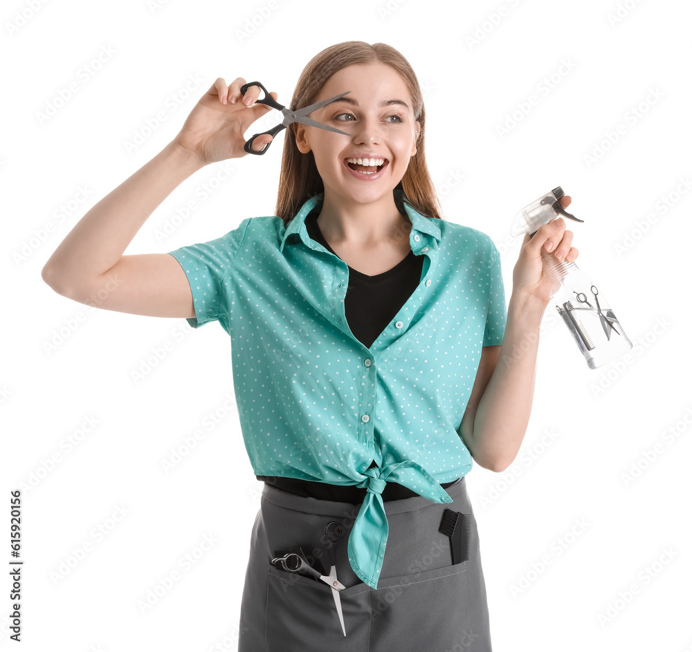 Female hairdresser with scissors and spray on white background