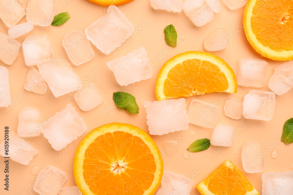 Sliced fresh citrus with mint and ice on orange background