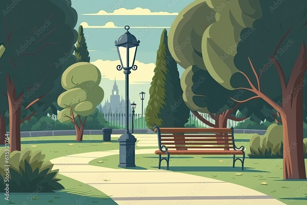 peaceful park bench and lamp post scene. Generative AI