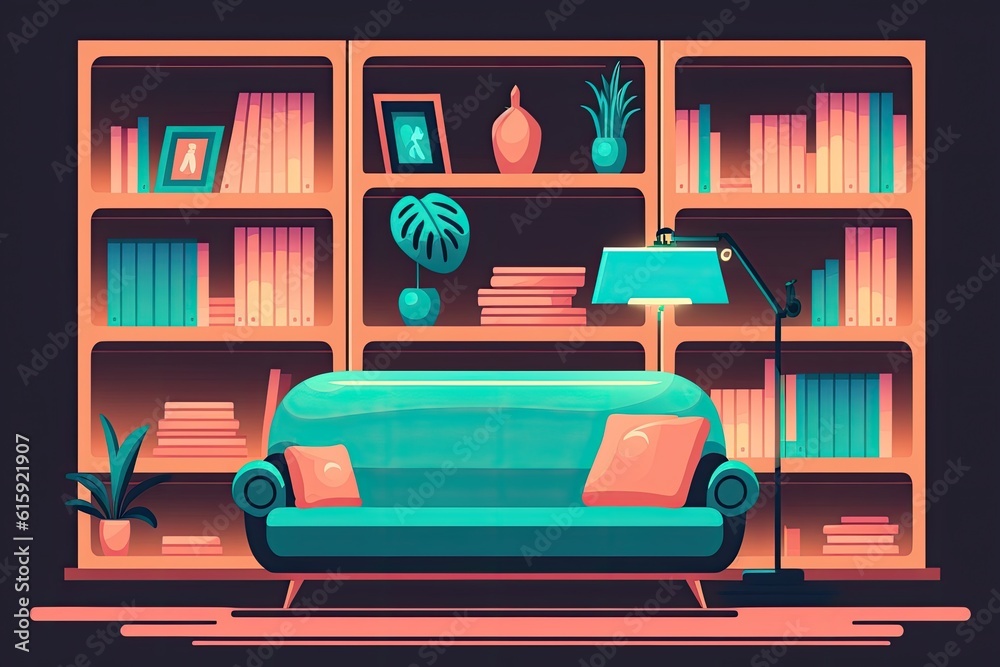 cozy living room with a bookshelf and comfortable seating. Generative AI