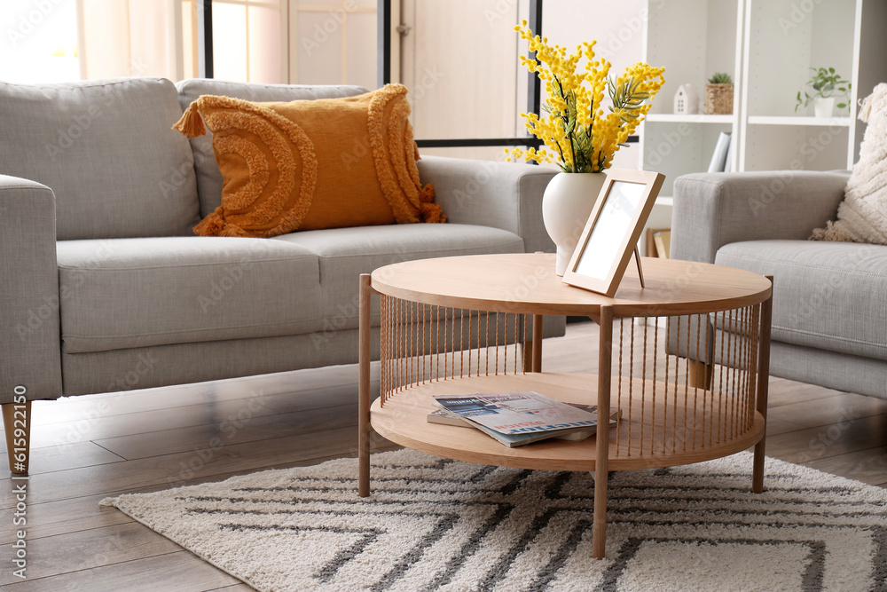 Interior of modern living room with sofas, coffee table and shelving unit