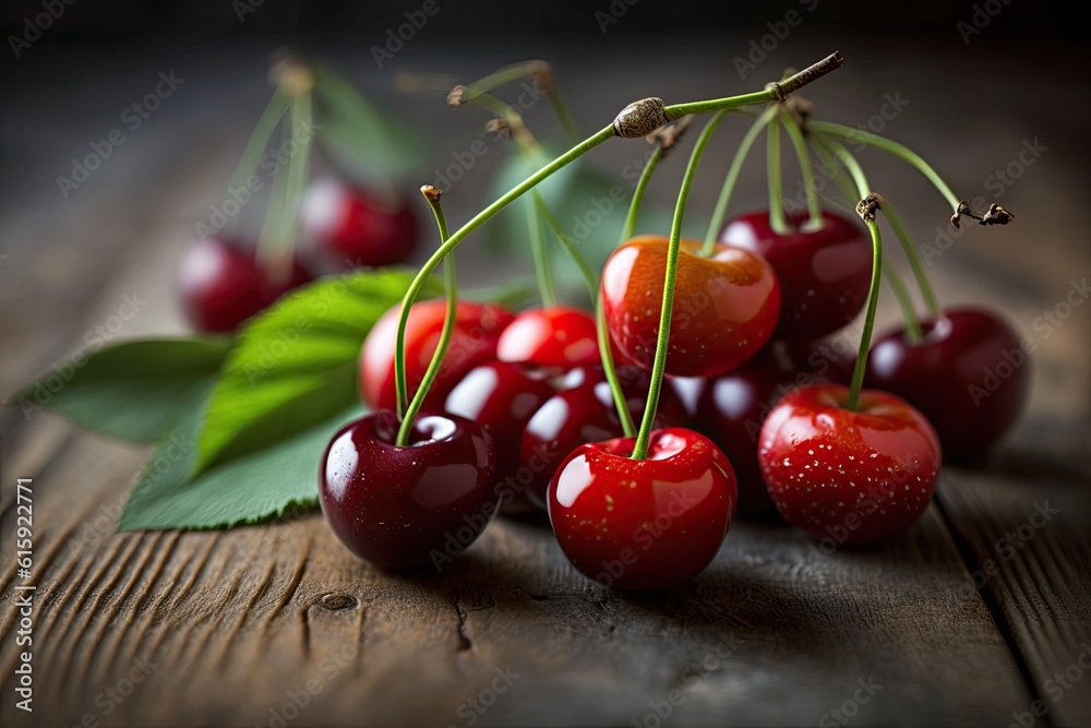 bunch of ripe cherries on a rustic wooden table. Generative AI