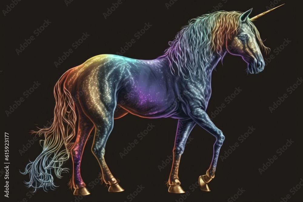 rainbow-colored unicorn standing on a black background. Generative AI