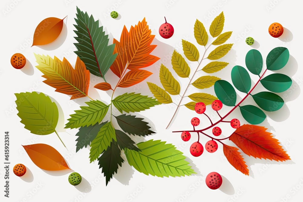 leaves and berries isolated on a white background. Generative AI