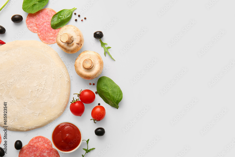 Raw dough and ingredients for preparing pizza on white background