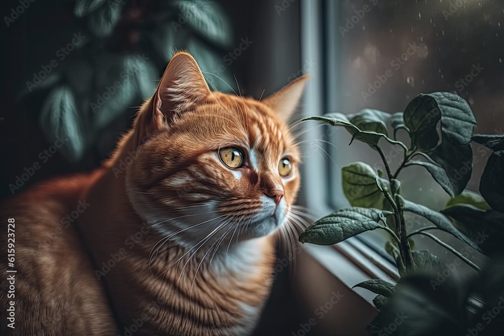 cat sitting next to a potted plant. Generative AI