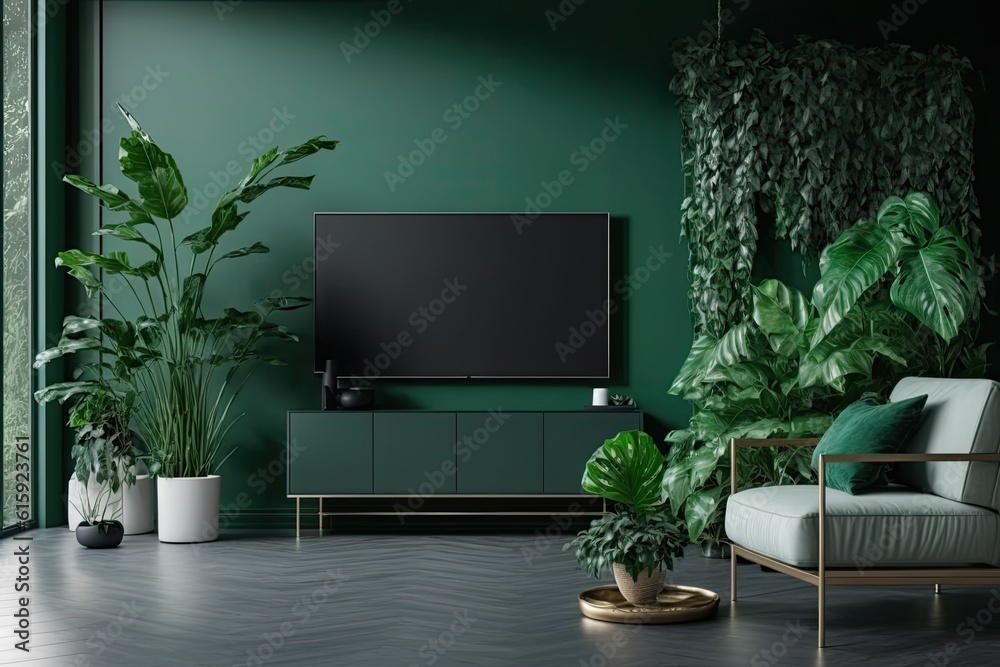 modern living room with green walls and a large screen television. Generative AI