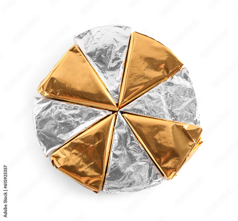 Triangles of tasty processed cheese on white background