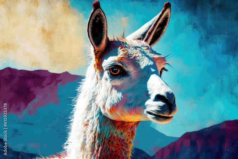 majestic llama in front of a breathtaking mountain vista. Generative AI