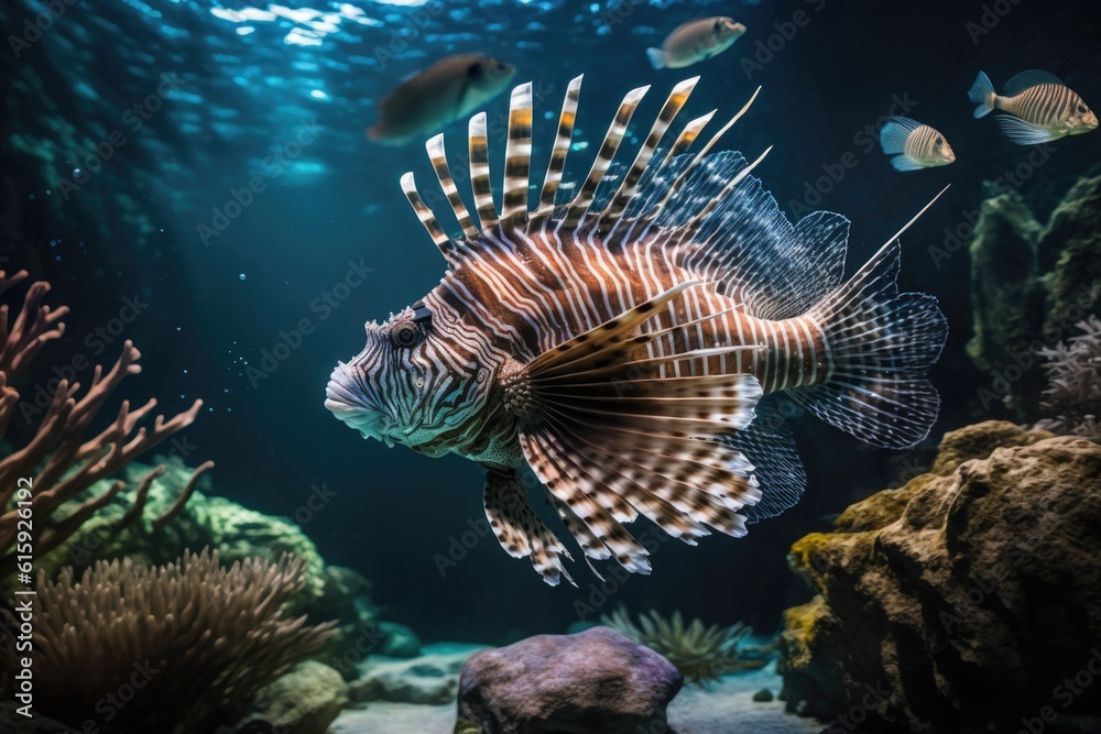 lionfish swimming among colorful corals in an aquarium. Generative AI