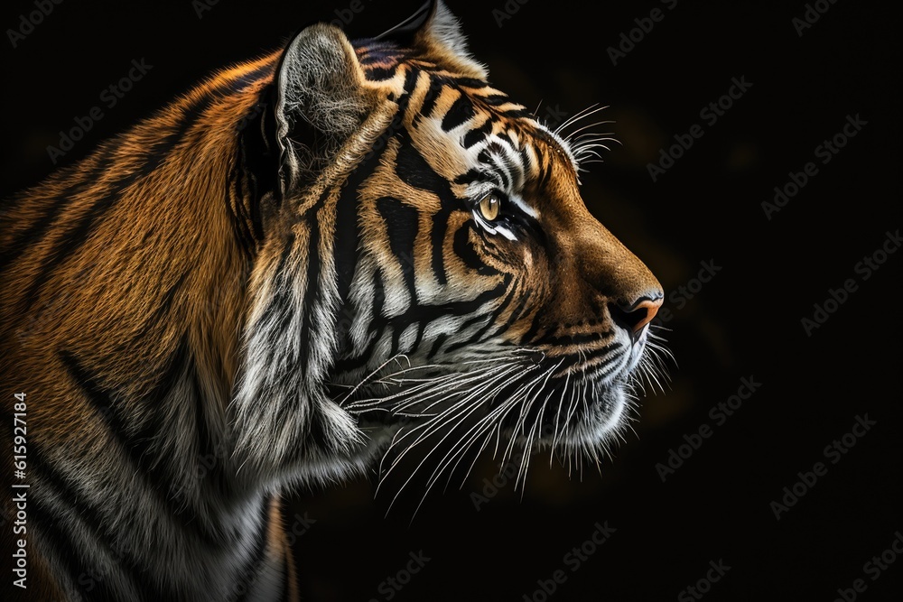 fierce tiger staring directly at the viewer on a dark background. Generative AI