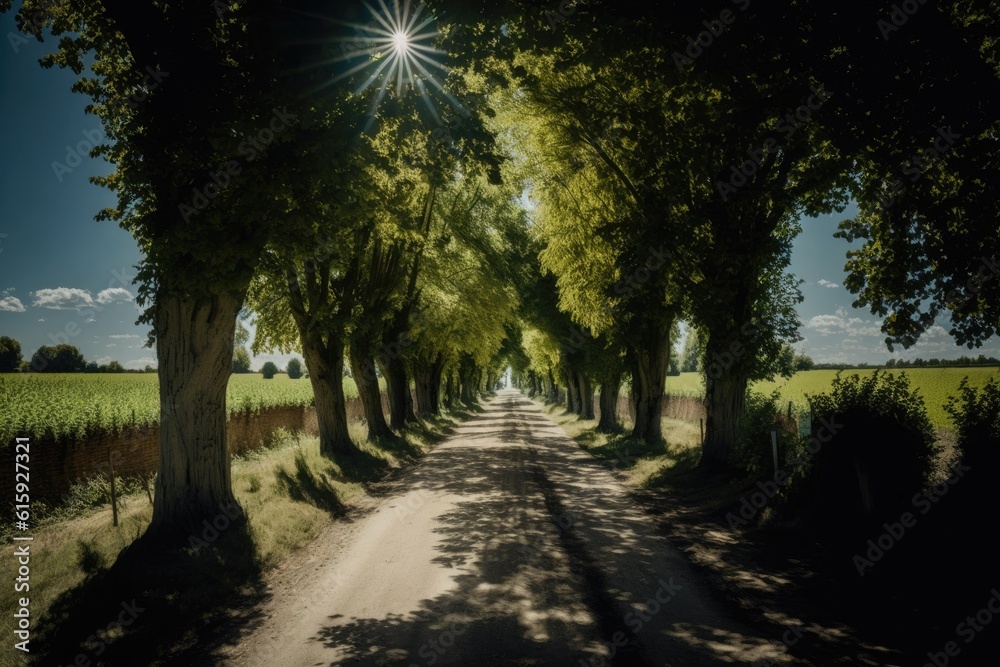 sunny tree-lined road with bright sunlight filtering through the leaves. Generative AI